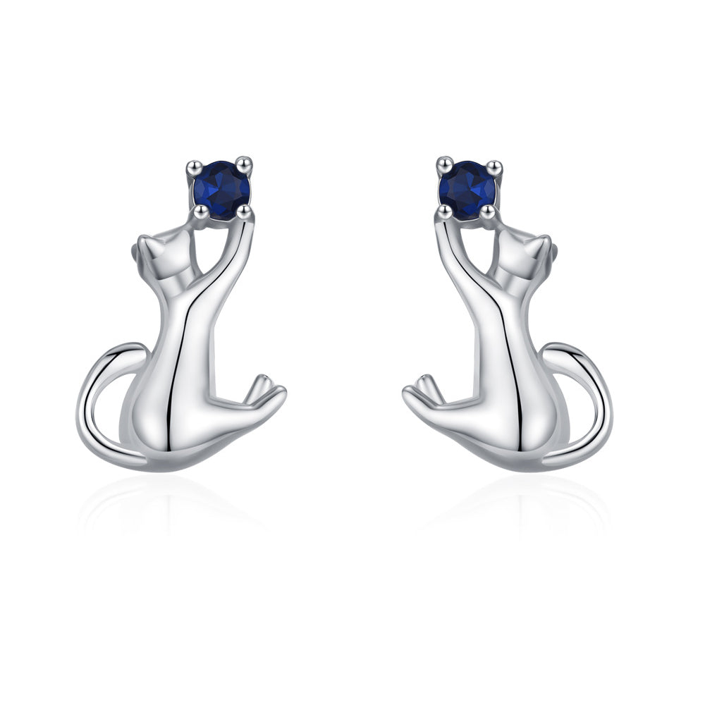 925 Sterling Silver Playful Cat Zircon Stud Earrings 40200650
