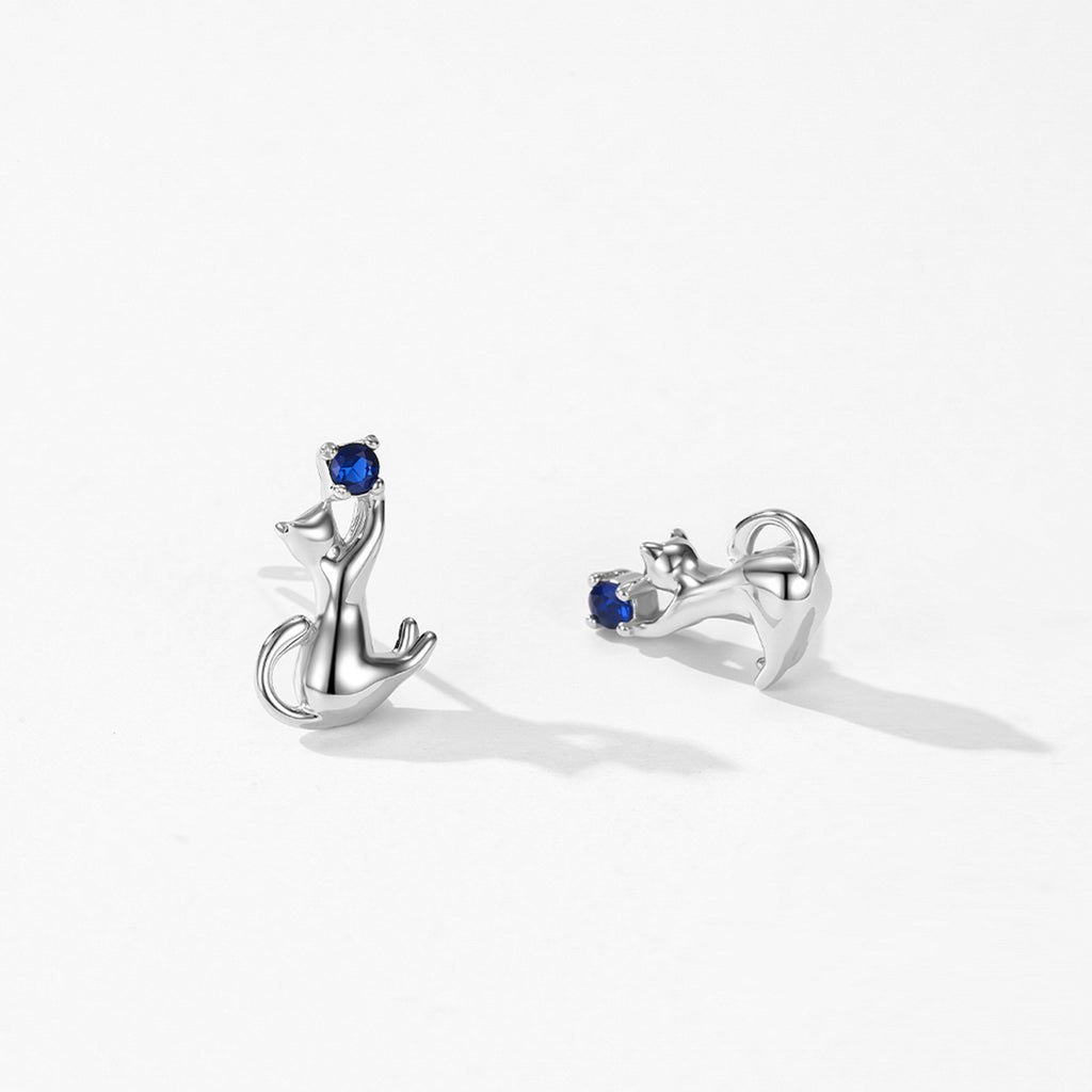 925 Sterling Silver Playful Cat Zircon Stud Earrings 40200650