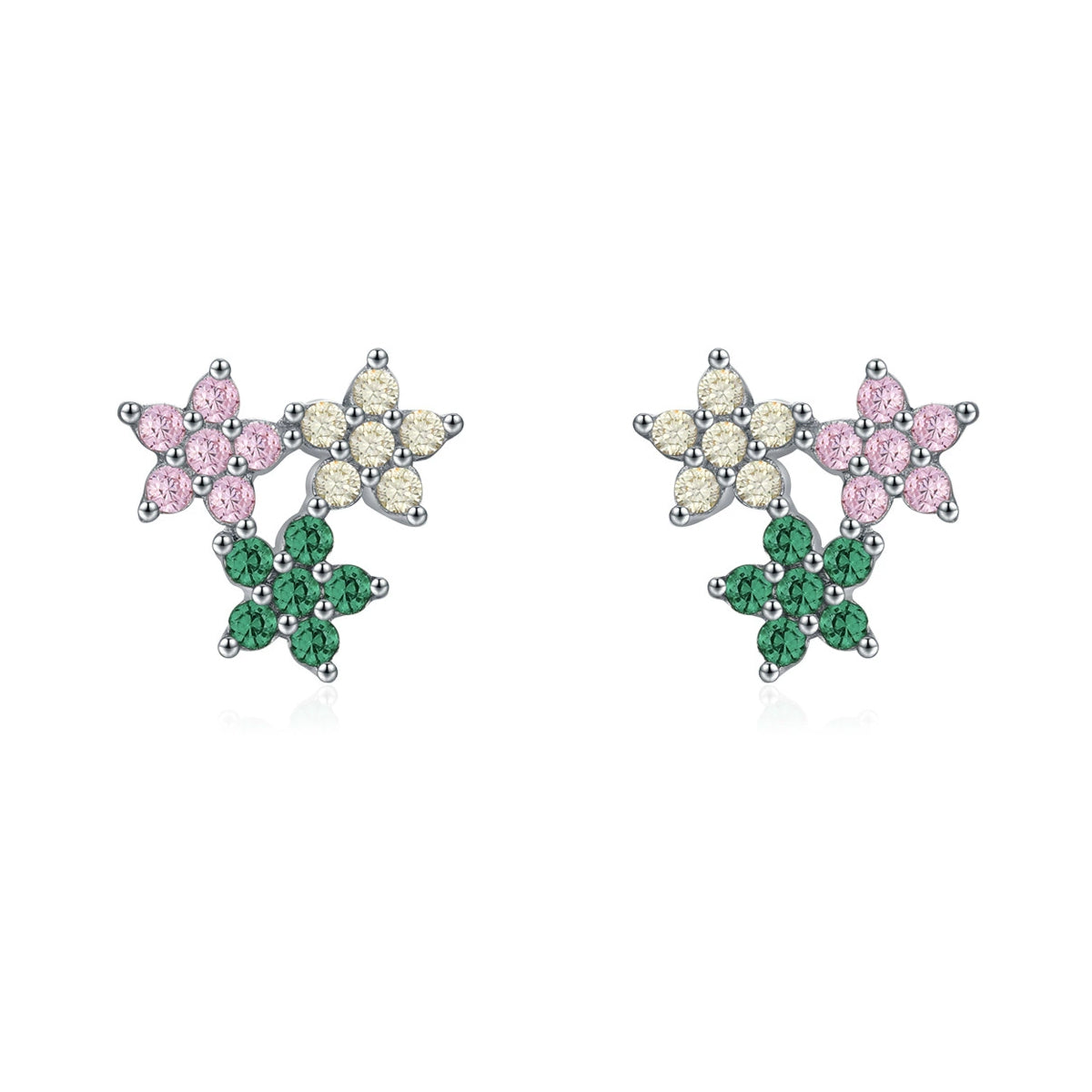 925 Sterling Silver Rainbow Zircon Triple Flower Stud Earrings 40200658