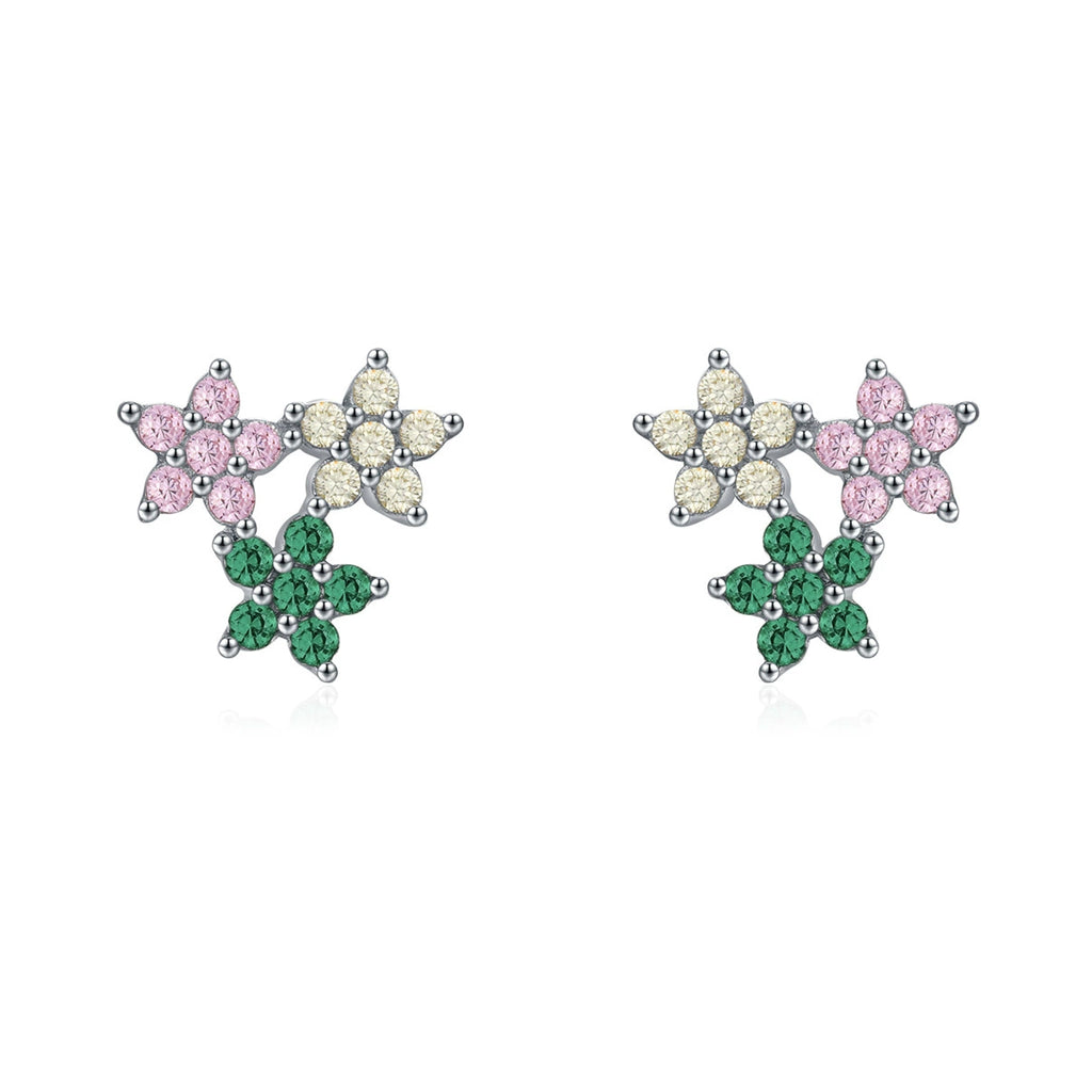 925 Sterling Silver Rainbow Zircon Triple Flower Stud Earrings 40200658