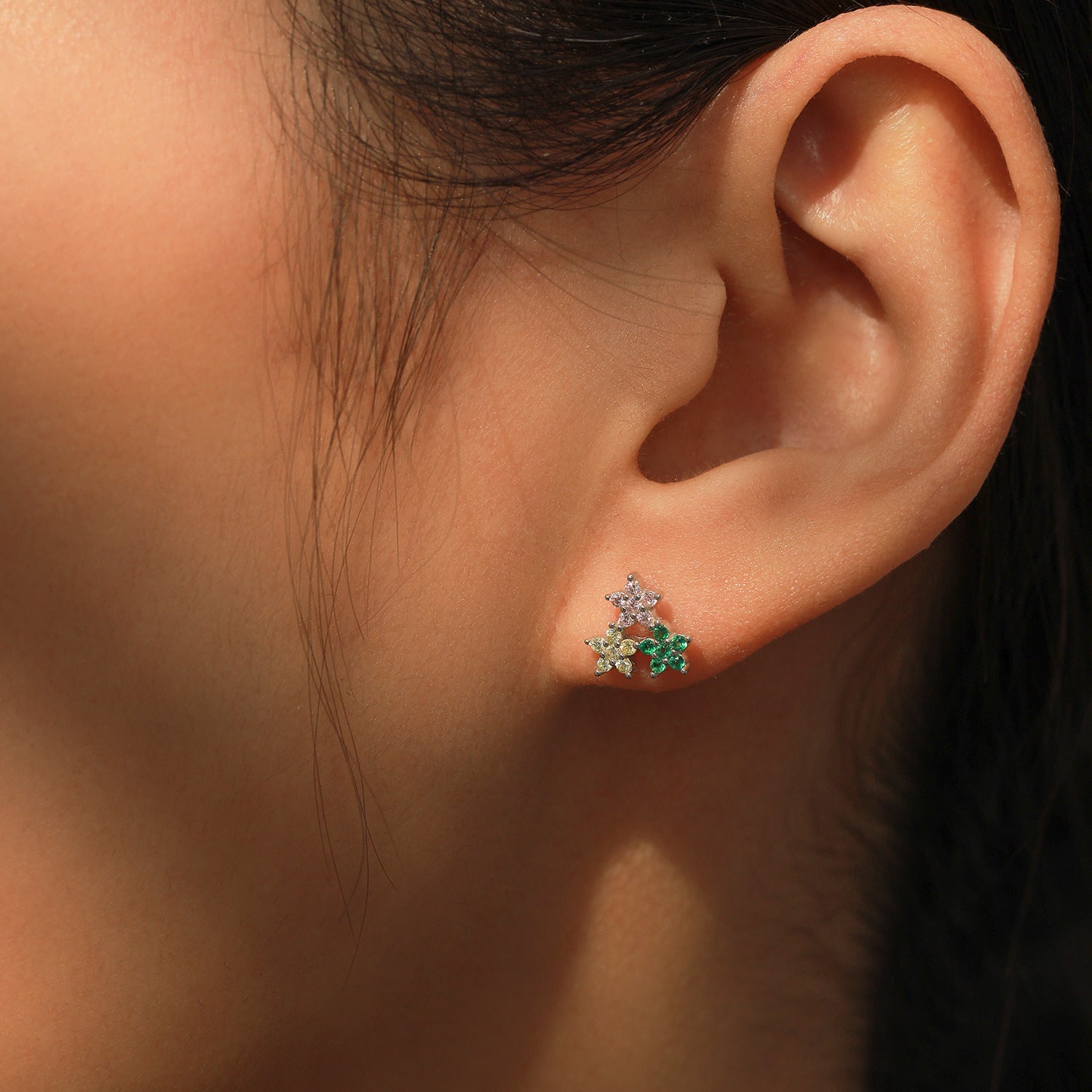 925 Sterling Silver Rainbow Zircon Triple Flower Stud Earrings 40200658