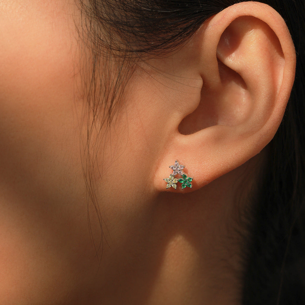 925 Sterling Silver Rainbow Zircon Triple Flower Stud Earrings 40200658
