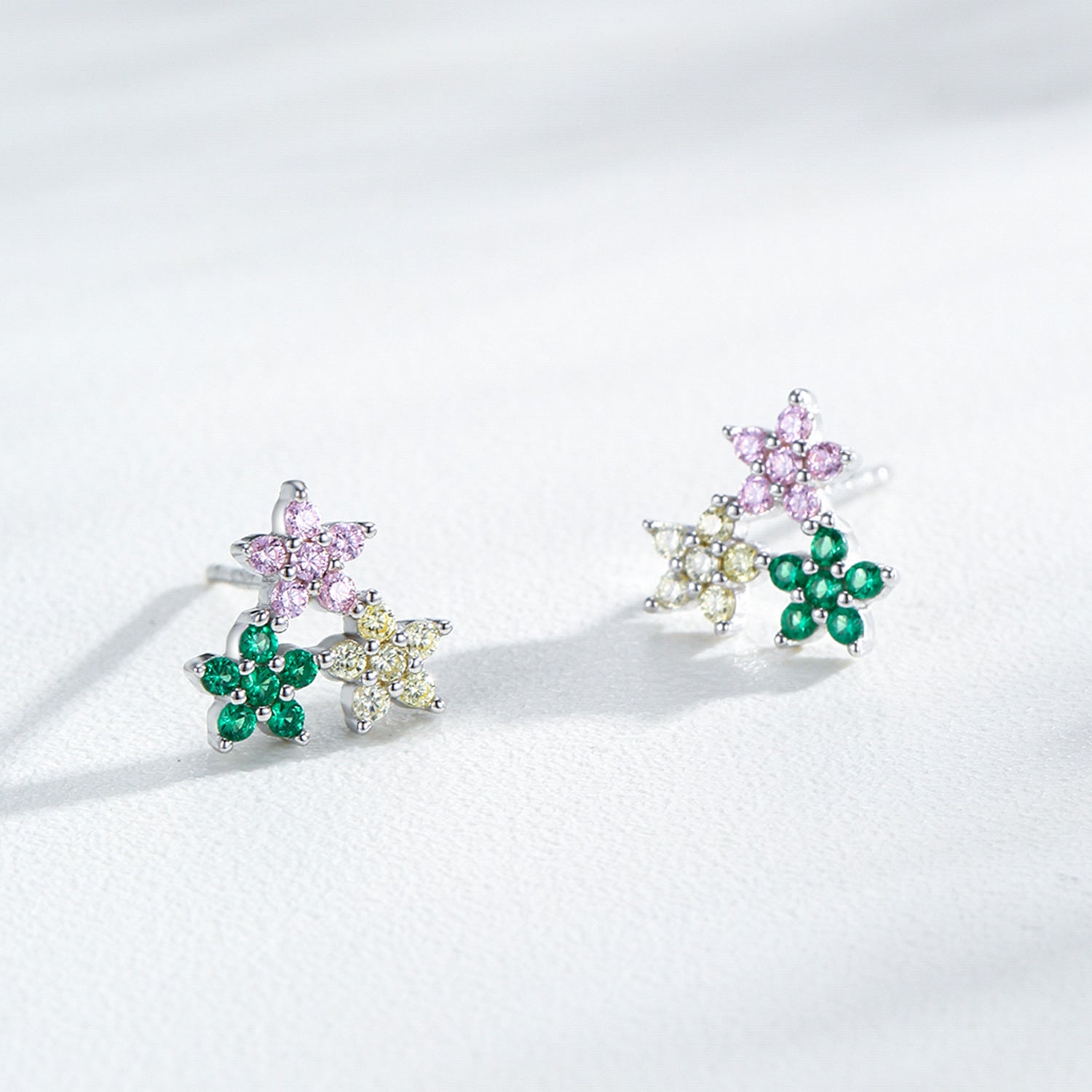 925 Sterling Silver Rainbow Zircon Triple Flower Stud Earrings 40200658