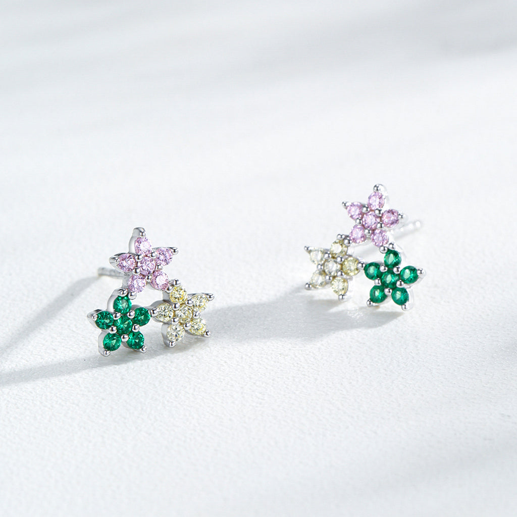 925 Sterling Silver Rainbow Zircon Triple Flower Stud Earrings 40200658