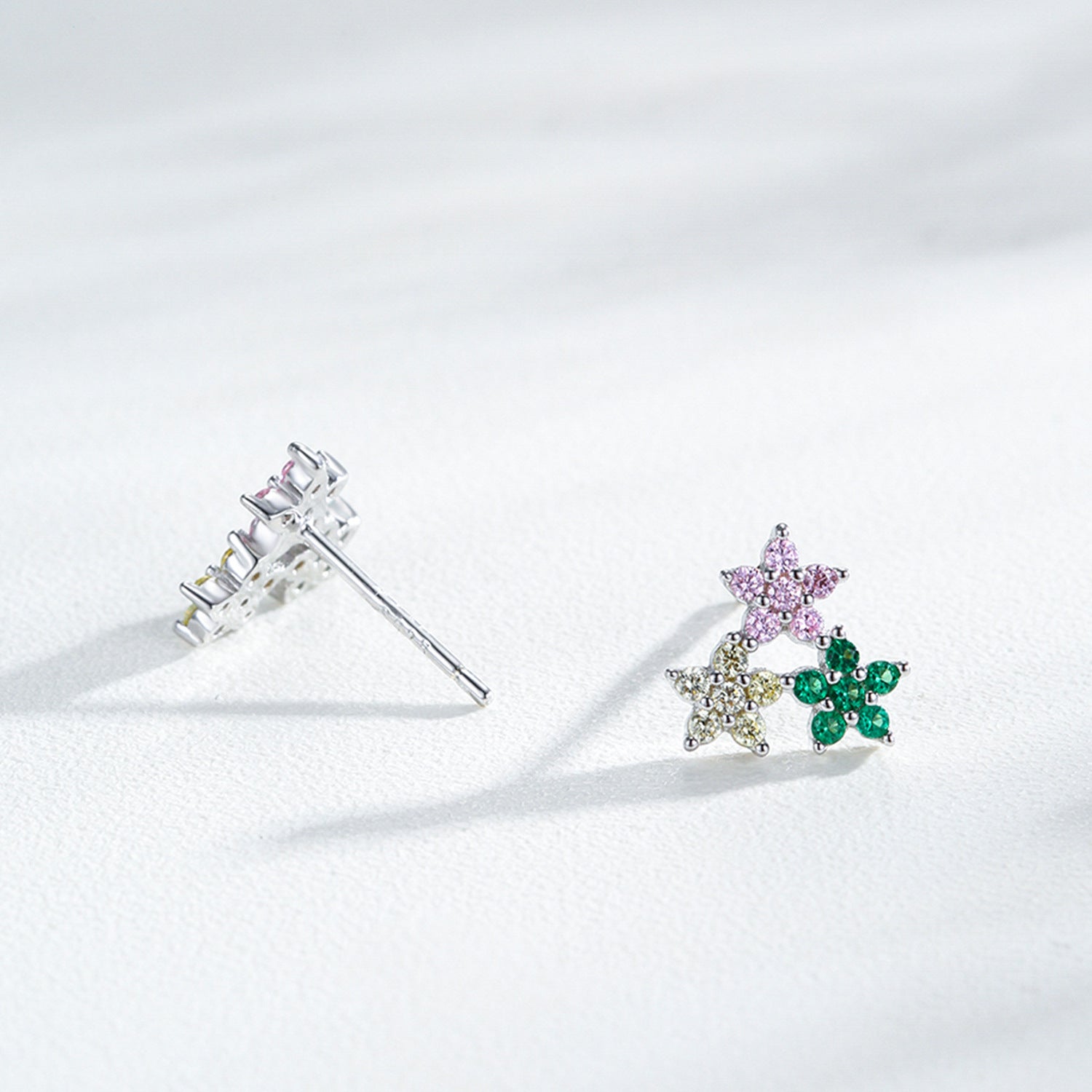925 Sterling Silver Rainbow Zircon Triple Flower Stud Earrings 40200658