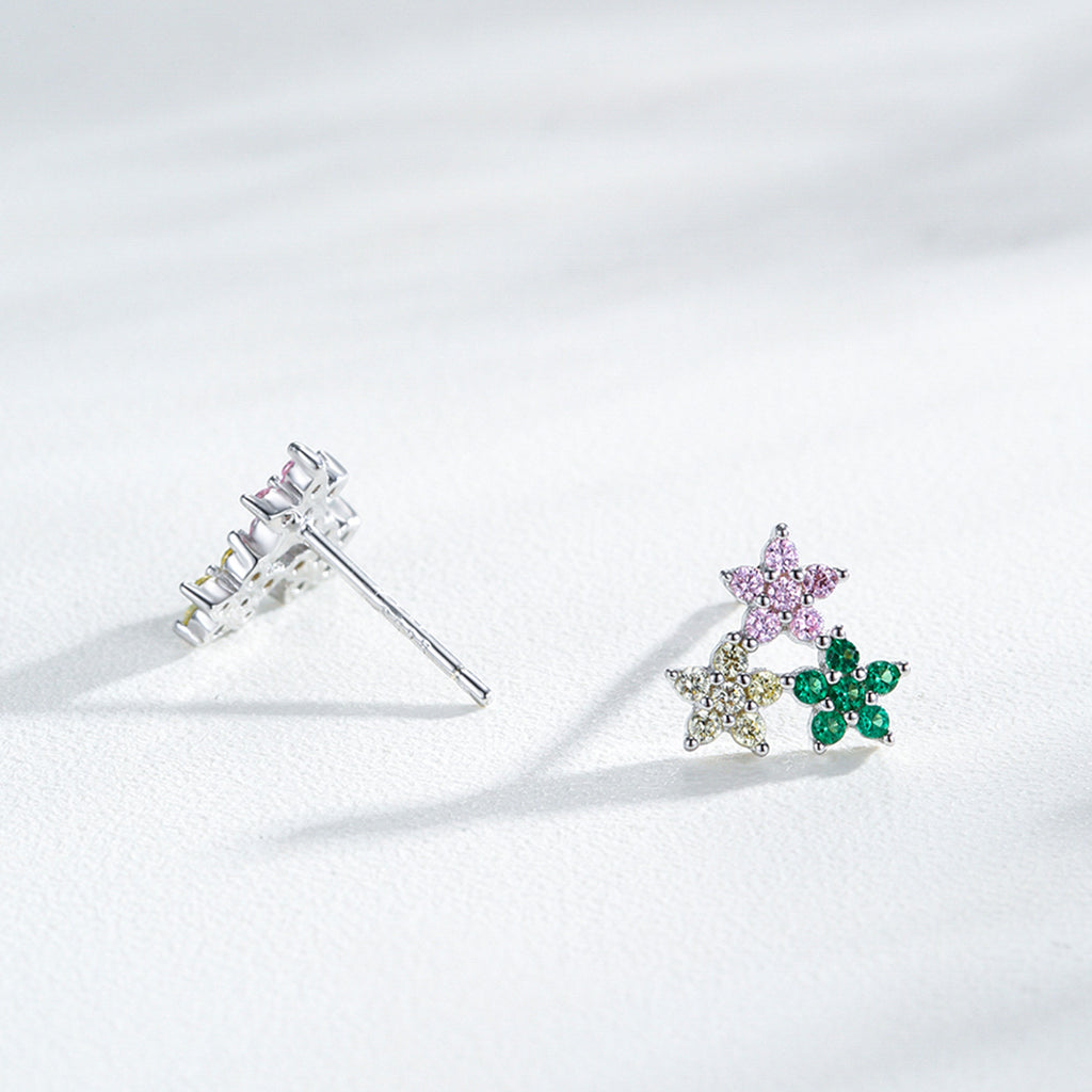 925 Sterling Silver Rainbow Zircon Triple Flower Stud Earrings 40200658