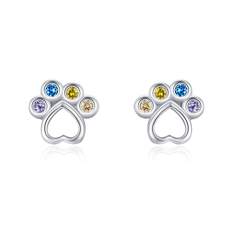 925 Sterling Silver Rainbow Zircon Heart Paw Print Stud Earrings 40200665