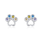 925 Sterling Silver Rainbow Zircon Heart Paw Print Stud Earrings 40200665