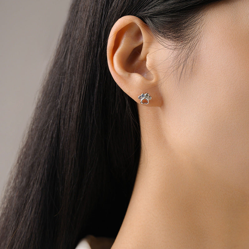 925 Sterling Silver Rainbow Zircon Heart Paw Print Stud Earrings 40200665