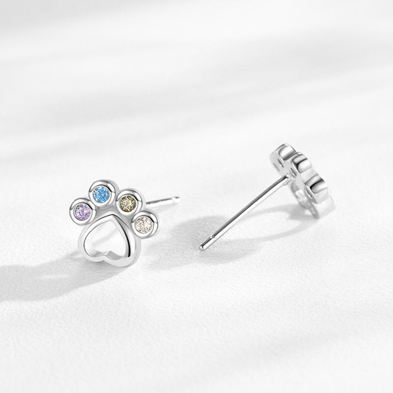 925 Sterling Silver Rainbow Zircon Heart Paw Print Stud Earrings 40200665