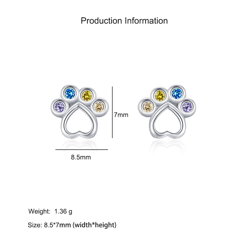 925 Sterling Silver Rainbow Zircon Heart Paw Print Stud Earrings 40200665