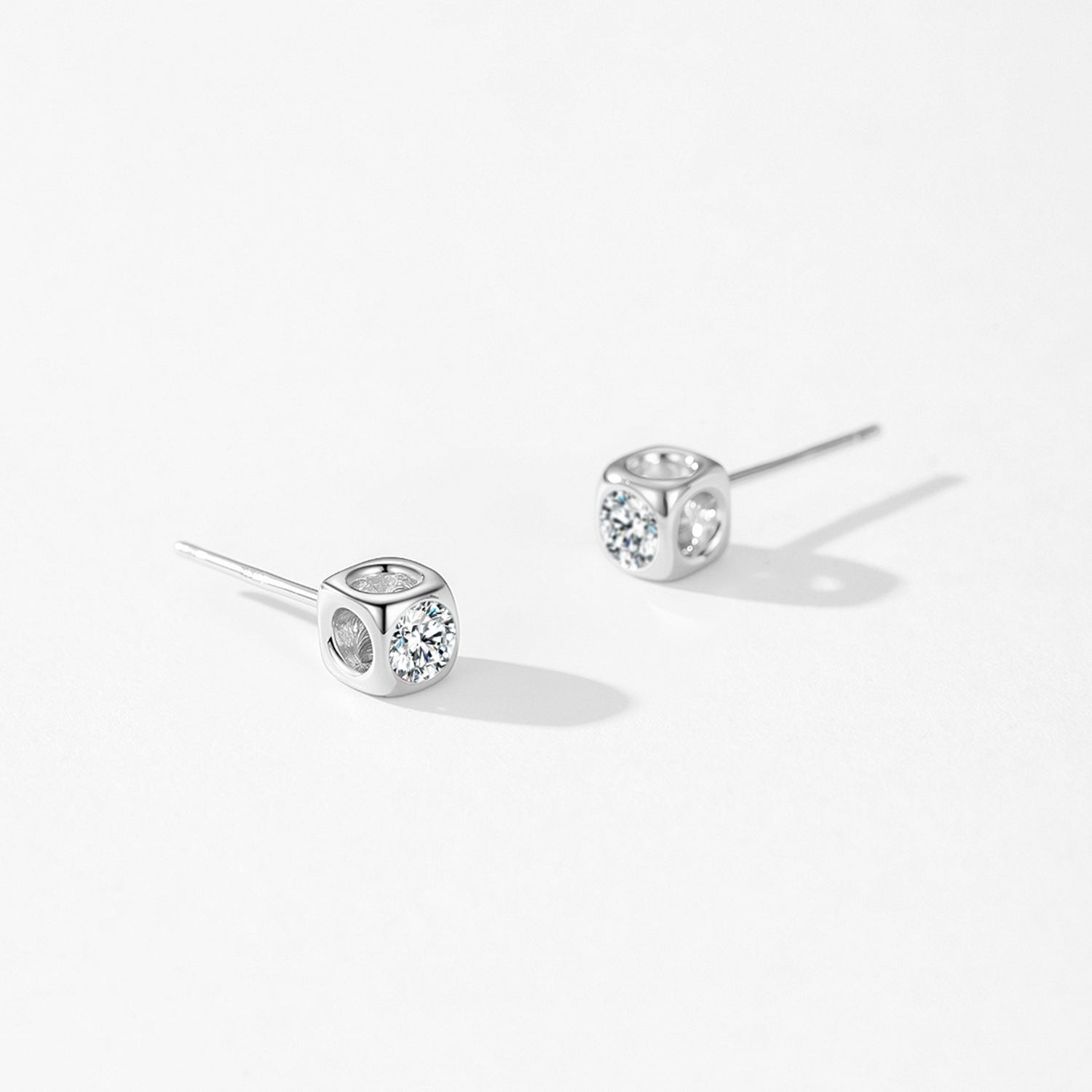 925 Sterling Silver Geometric Cube Zircon Stud Earrings 40200675