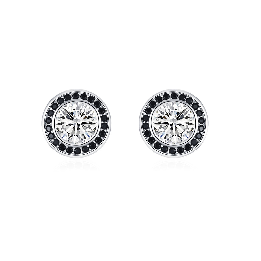 925 Sterling Silver Black White Round Zircon Halo Stud Earrings 40200723