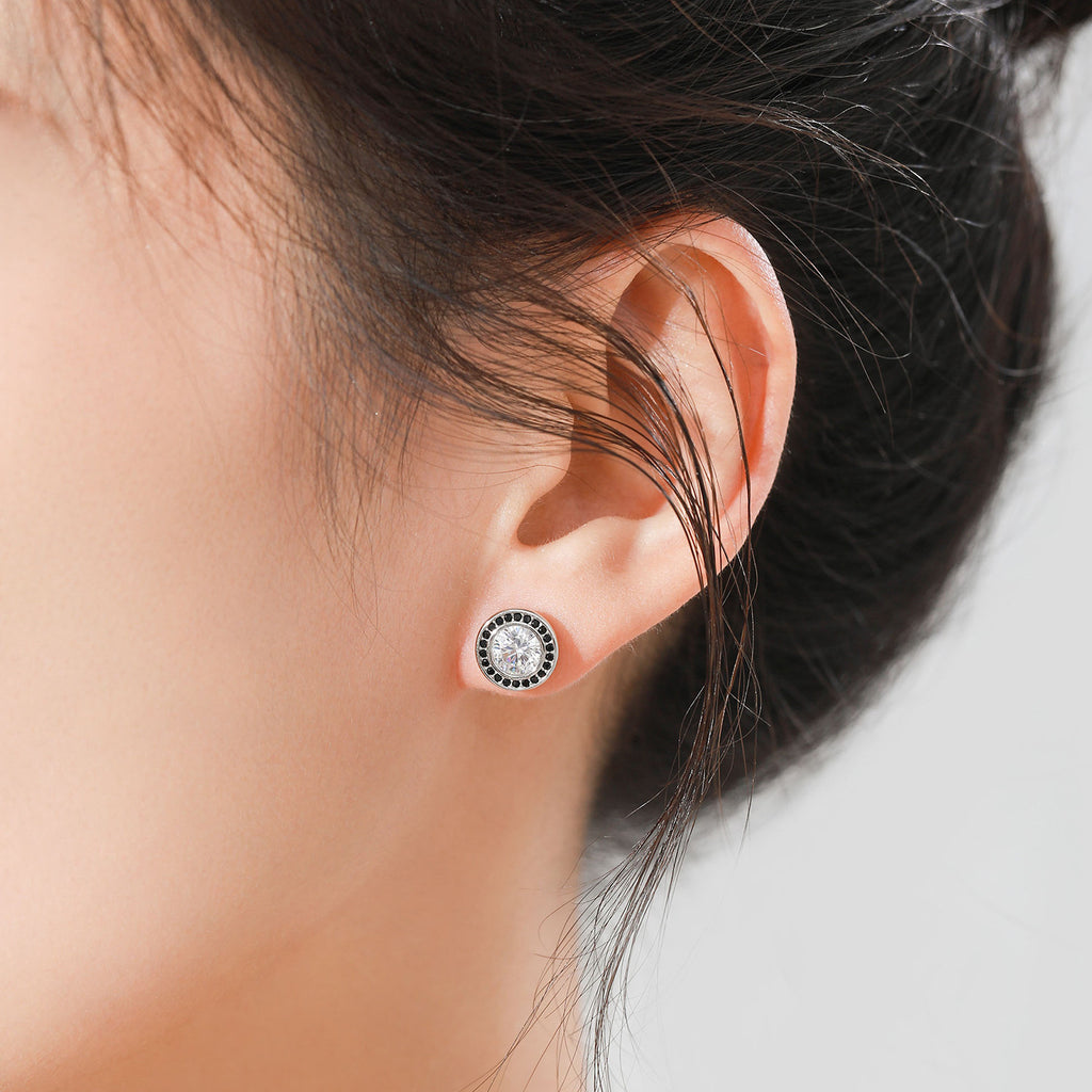 925 Sterling Silver Black White Round Zircon Halo Stud Earrings 40200723