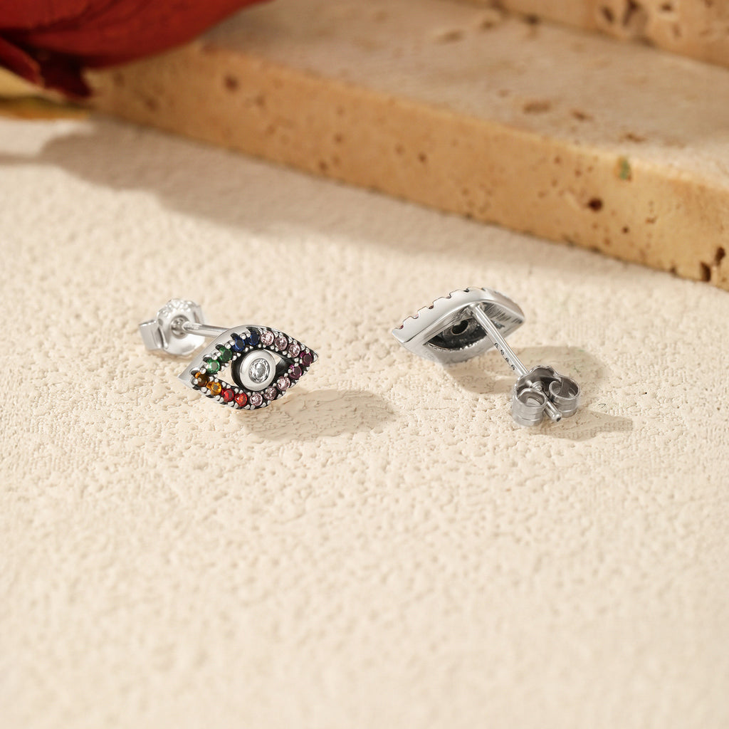 925 Sterling Silver Rainbow Pavé Evil Eye Zircon Stud Earrings 40200736