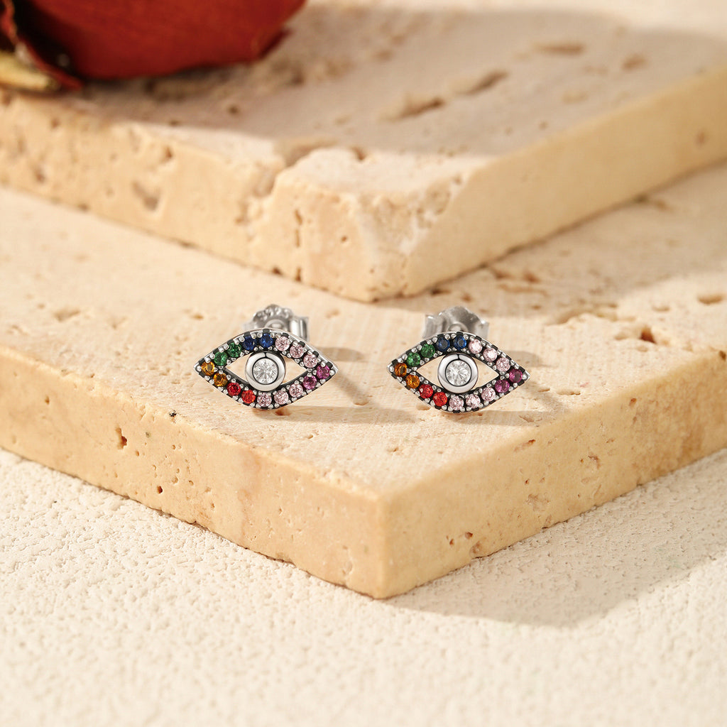 925 Sterling Silver Rainbow Pavé Evil Eye Zircon Stud Earrings 40200736