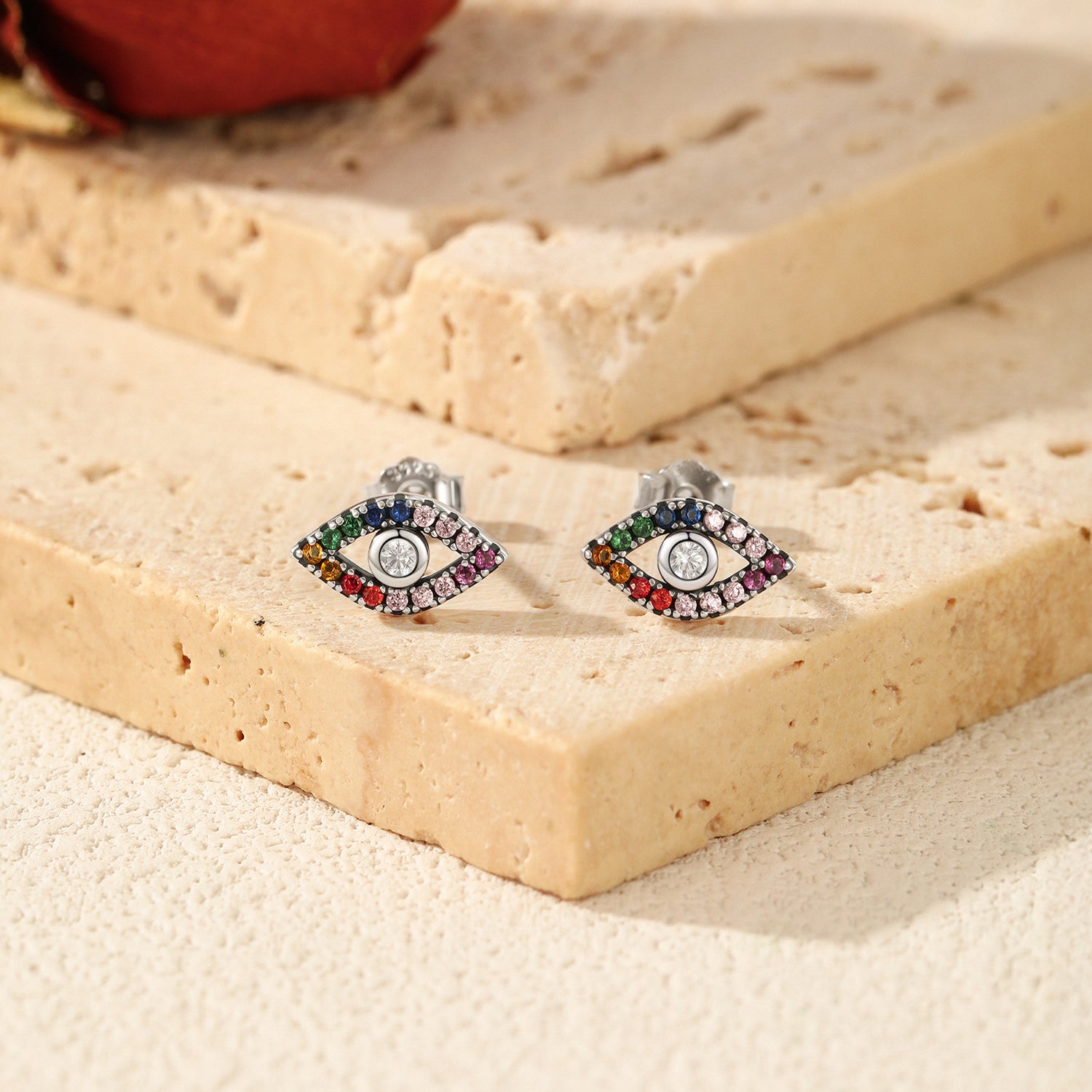 925 Sterling Silver Rainbow Pavé Evil Eye Zircon Stud Earrings 40200736