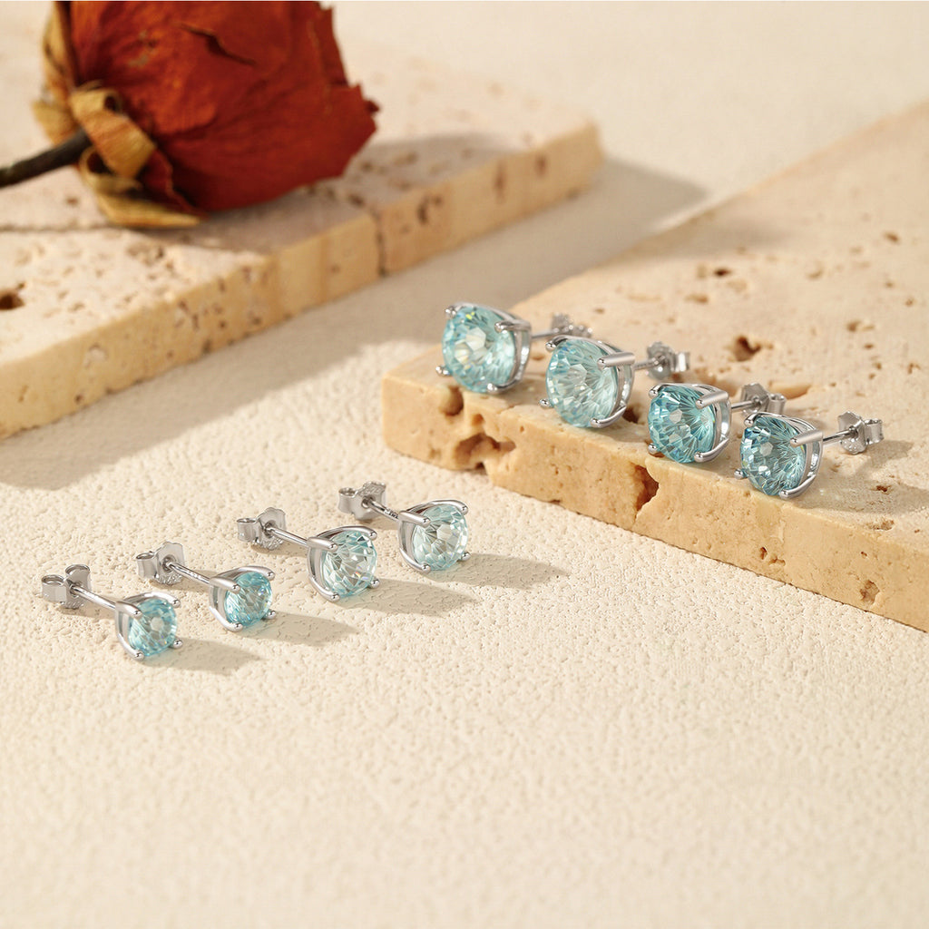 925 Sterling Silver Fireworks Cut Aquamarine Blue Zircon Stud Earrings 40200747