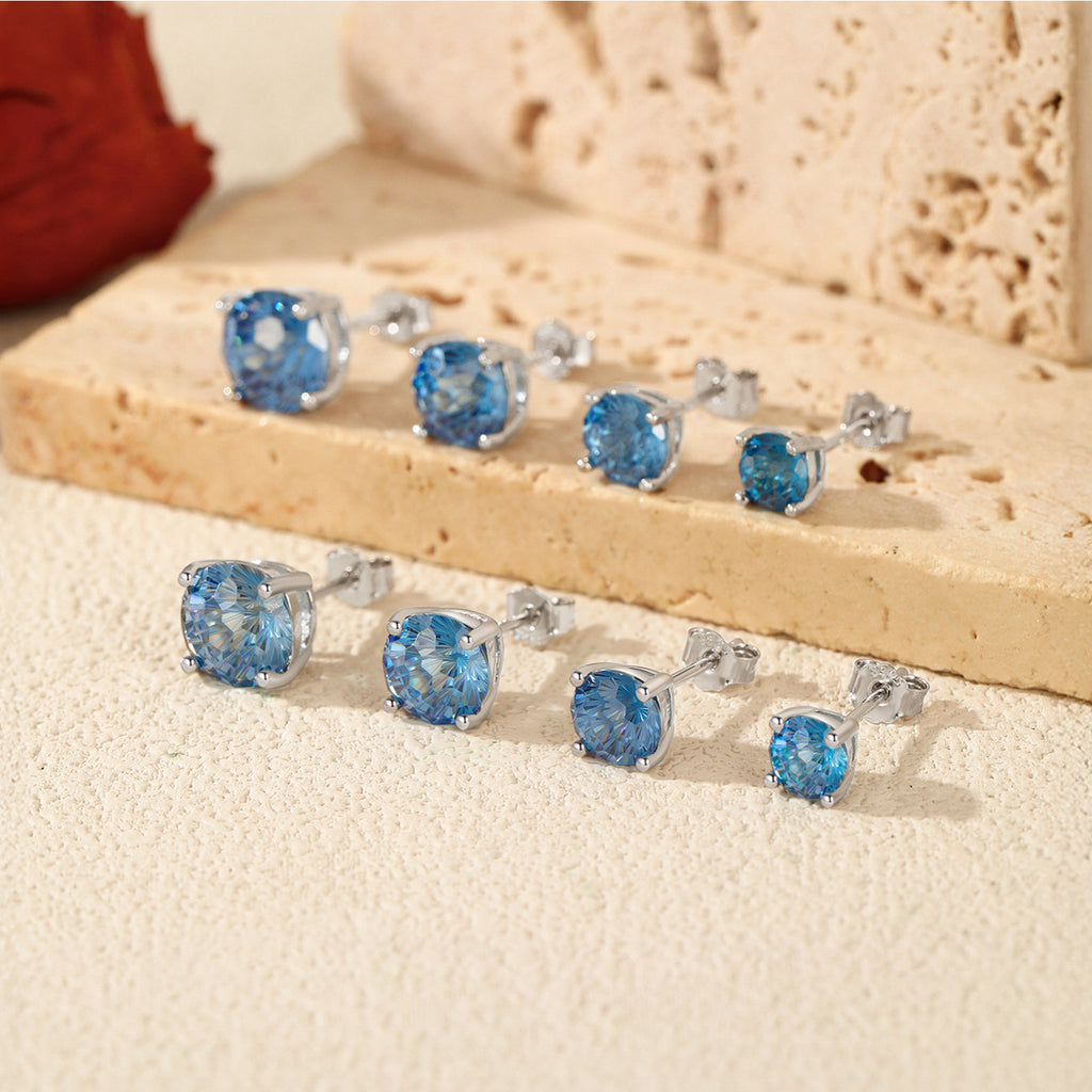 925 Sterling Silver Fireworks Cut Aquamarine Zircon Stud Earrings 40200752