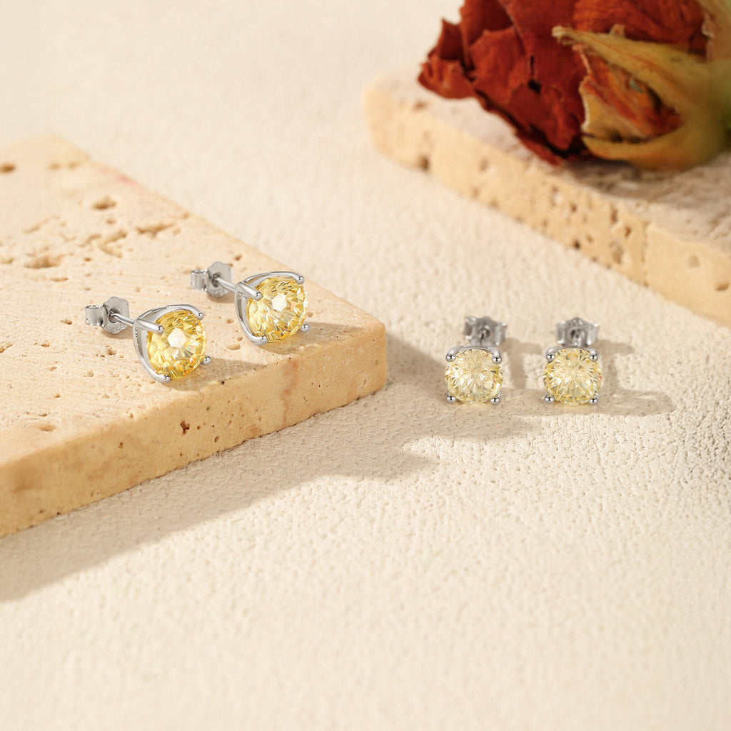 925 Sterling Silver Fireworks Cut Yellow Zircon Stud Earrings 40200753