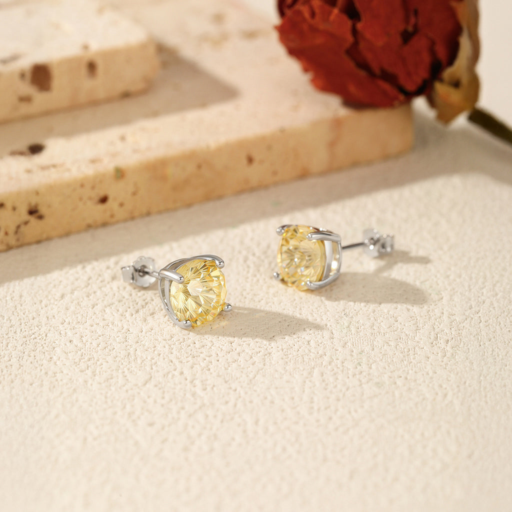 925 Sterling Silver Fireworks Cut Yellow Zircon Stud Earrings 40200753