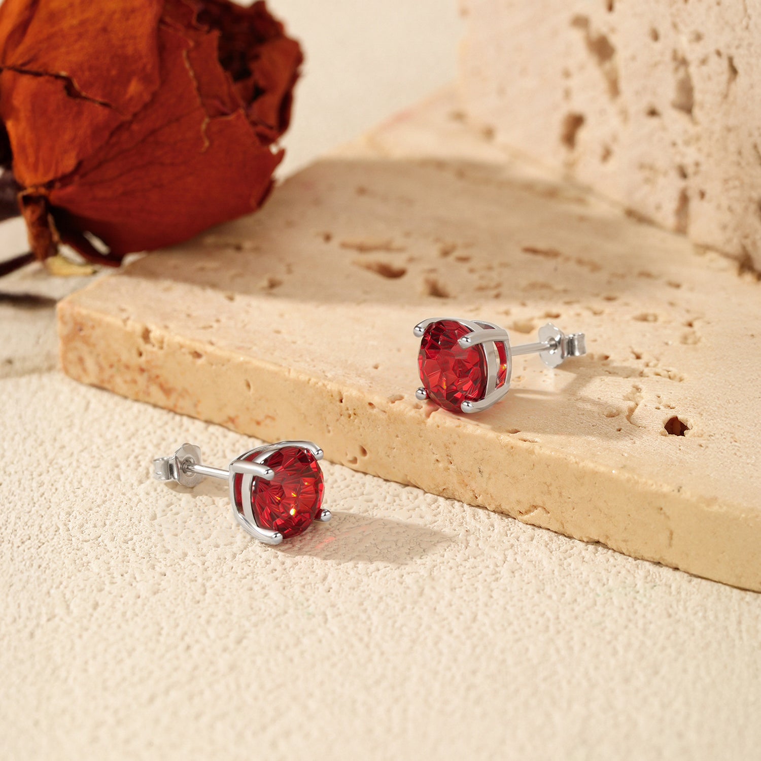 925 Sterling Silver Fireworks Cut Garnet Red Zircon Stud Earrings 40200755