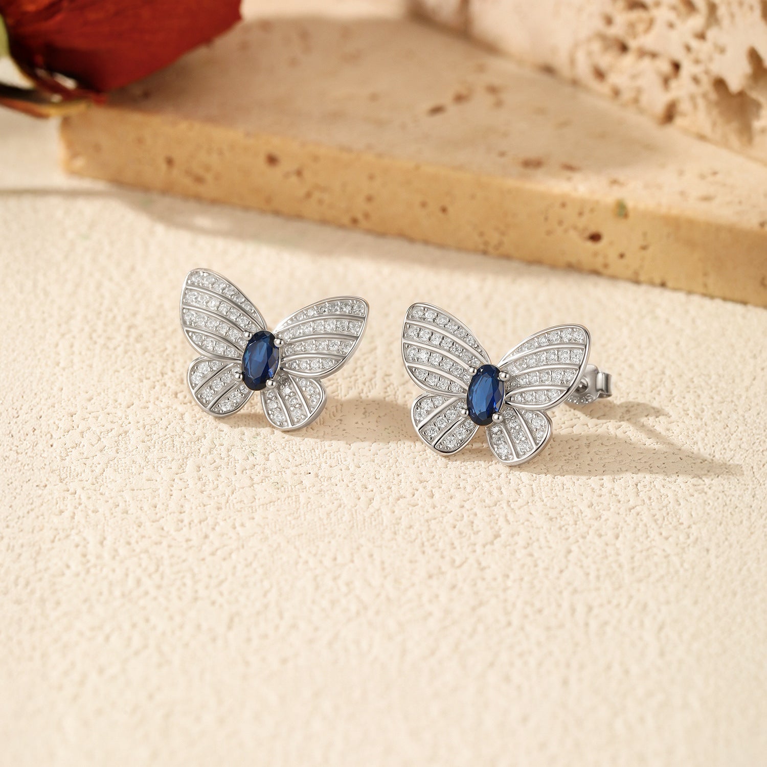 925 Sterling Silver Royal Blue Butterfly Zircon Stud Earrings 40200756