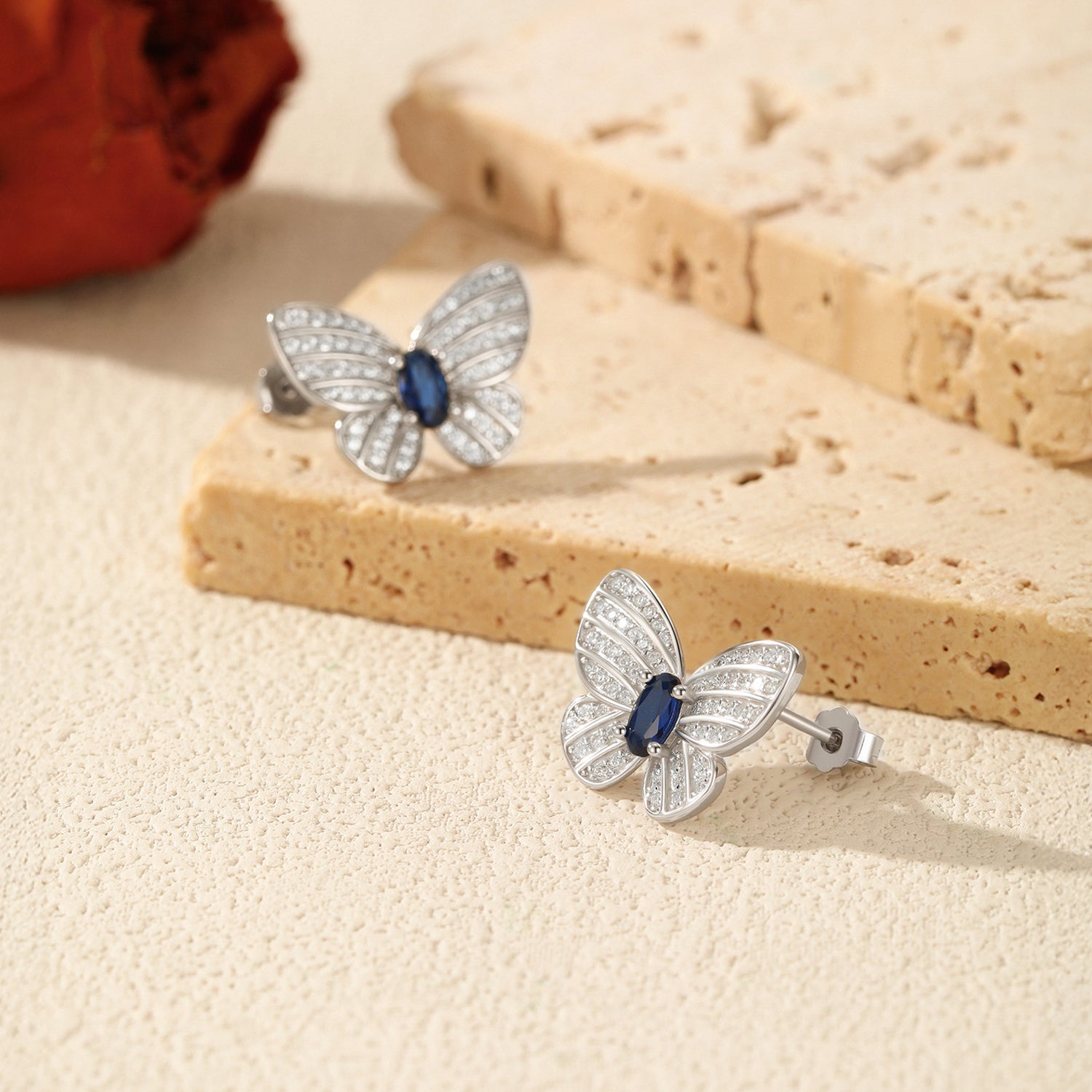 925 Sterling Silver Royal Blue Butterfly Zircon Stud Earrings 40200756