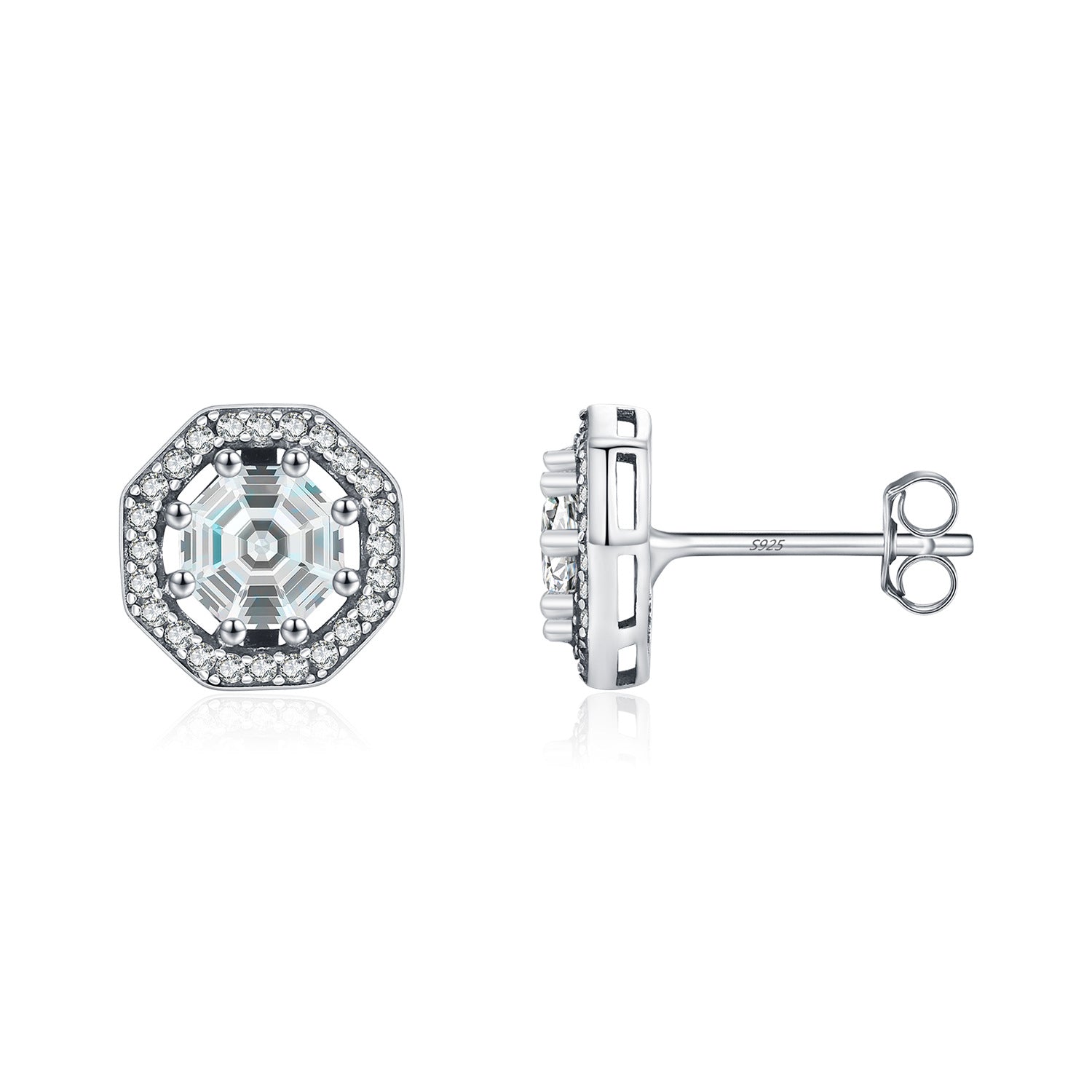 925 Sterling Silver Vintage Octagon Halo CZ Stud Earrings 40200758
