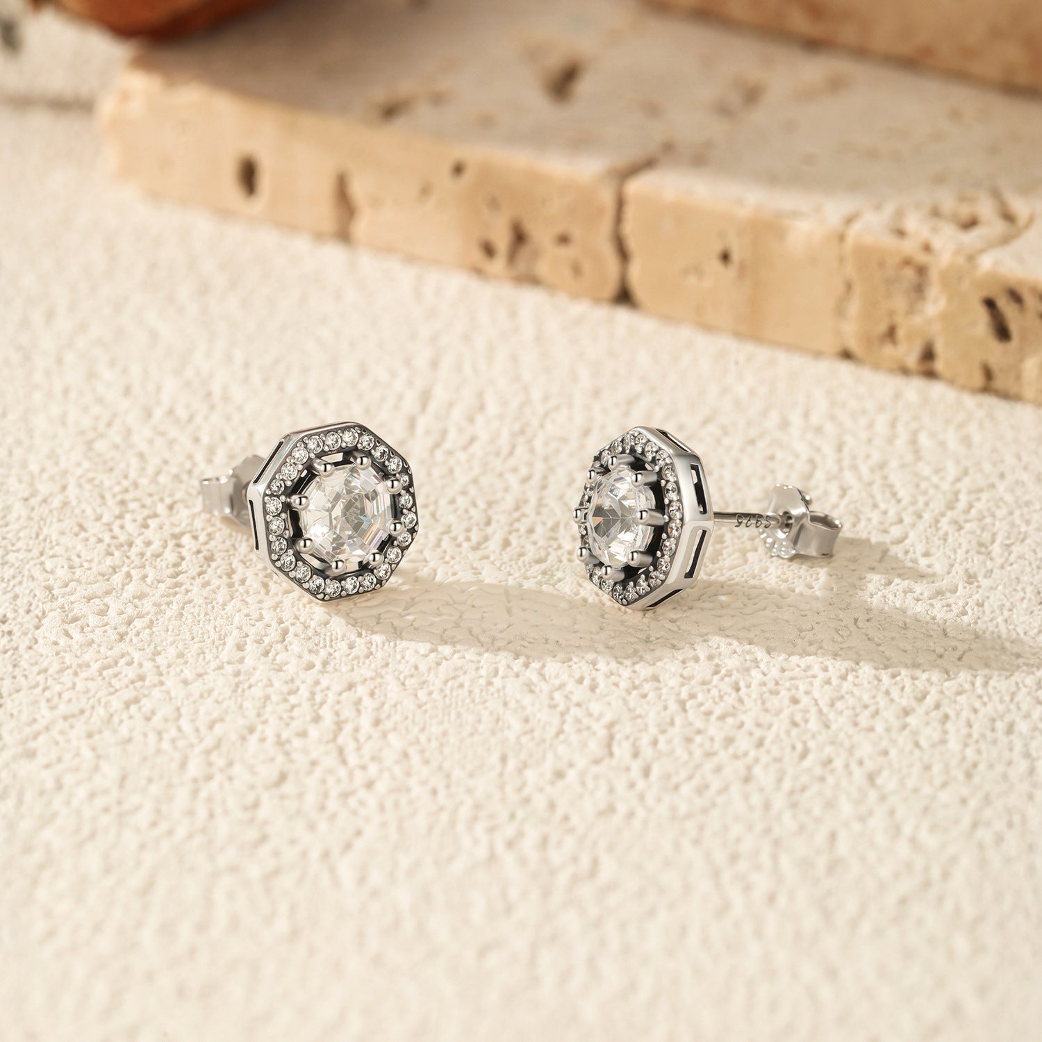 925 Sterling Silver Vintage Octagon Halo CZ Stud Earrings 40200758