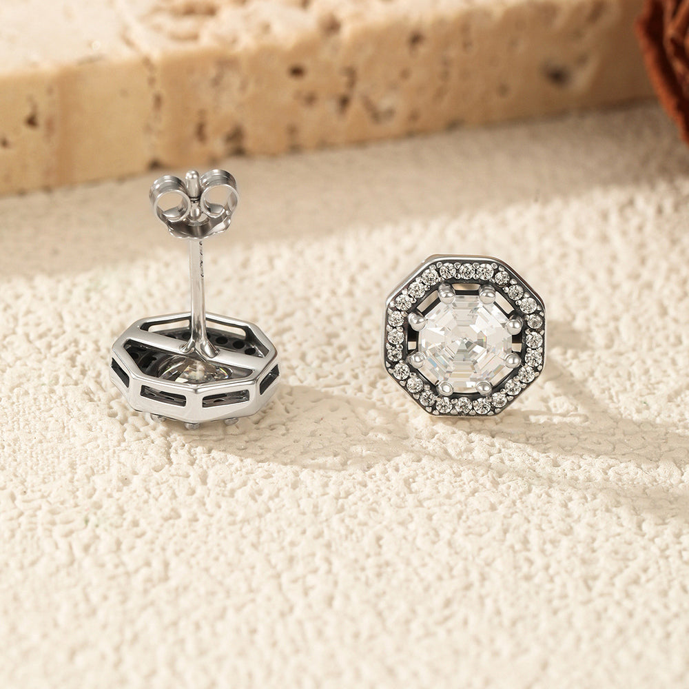 925 Sterling Silver Vintage Octagon Halo CZ Stud Earrings 40200758