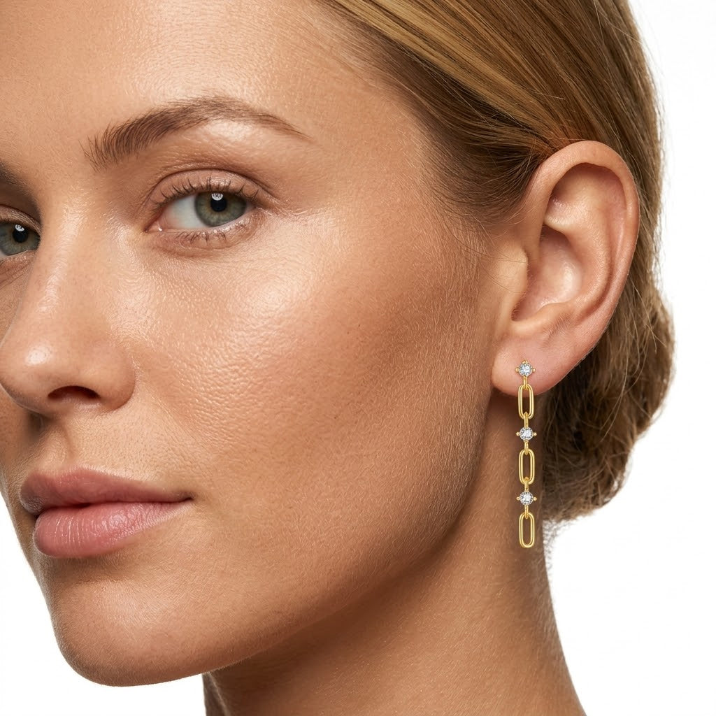 925 Sterling Silver CZ Paperclip Link Long Drop Earrings 40200760