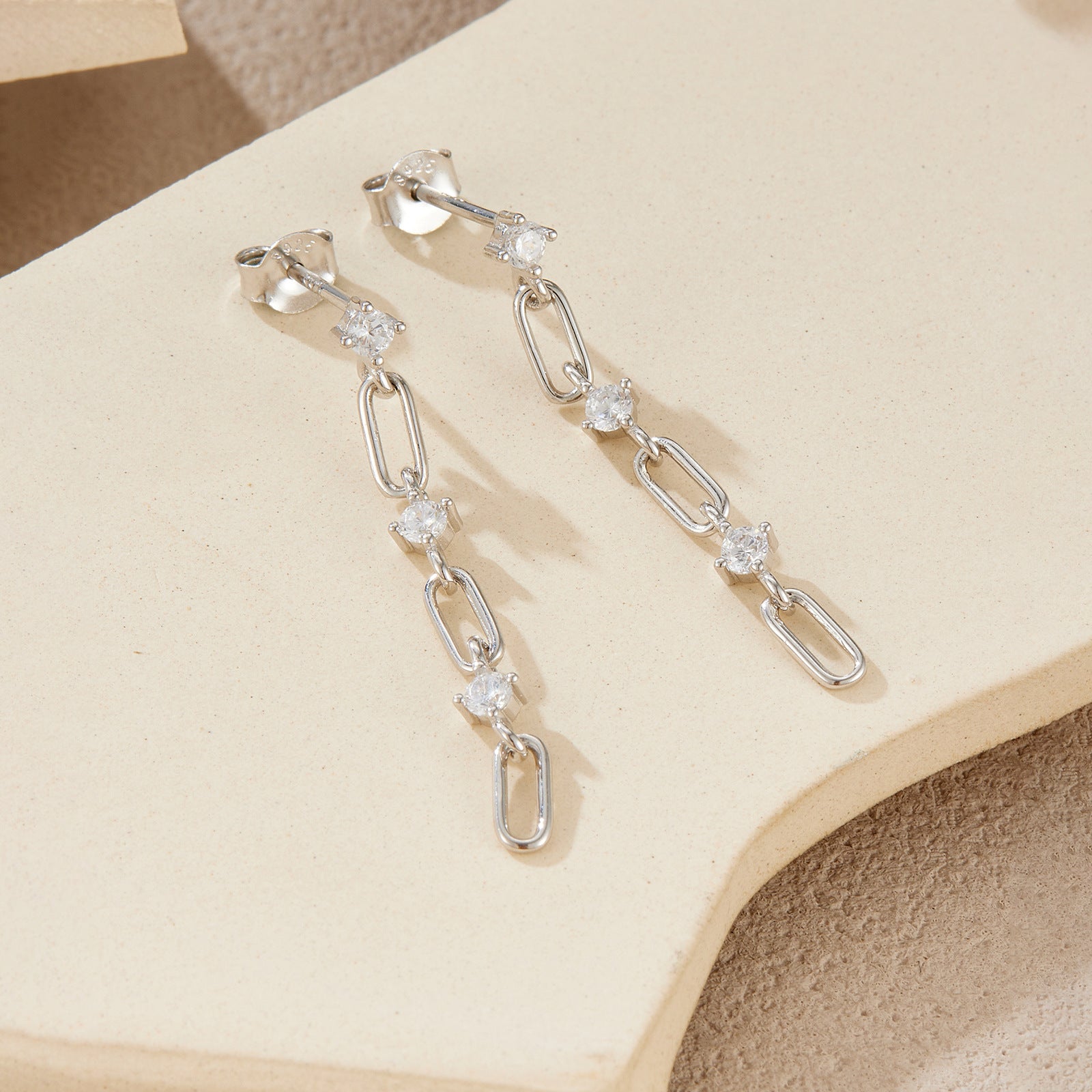 925 Sterling Silver CZ Paperclip Link Long Drop Earrings 40200760
