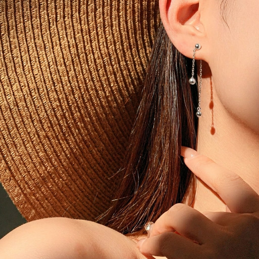 925 Sterling Silver Double Ball Chain Tassel Drop Earrings 40200762