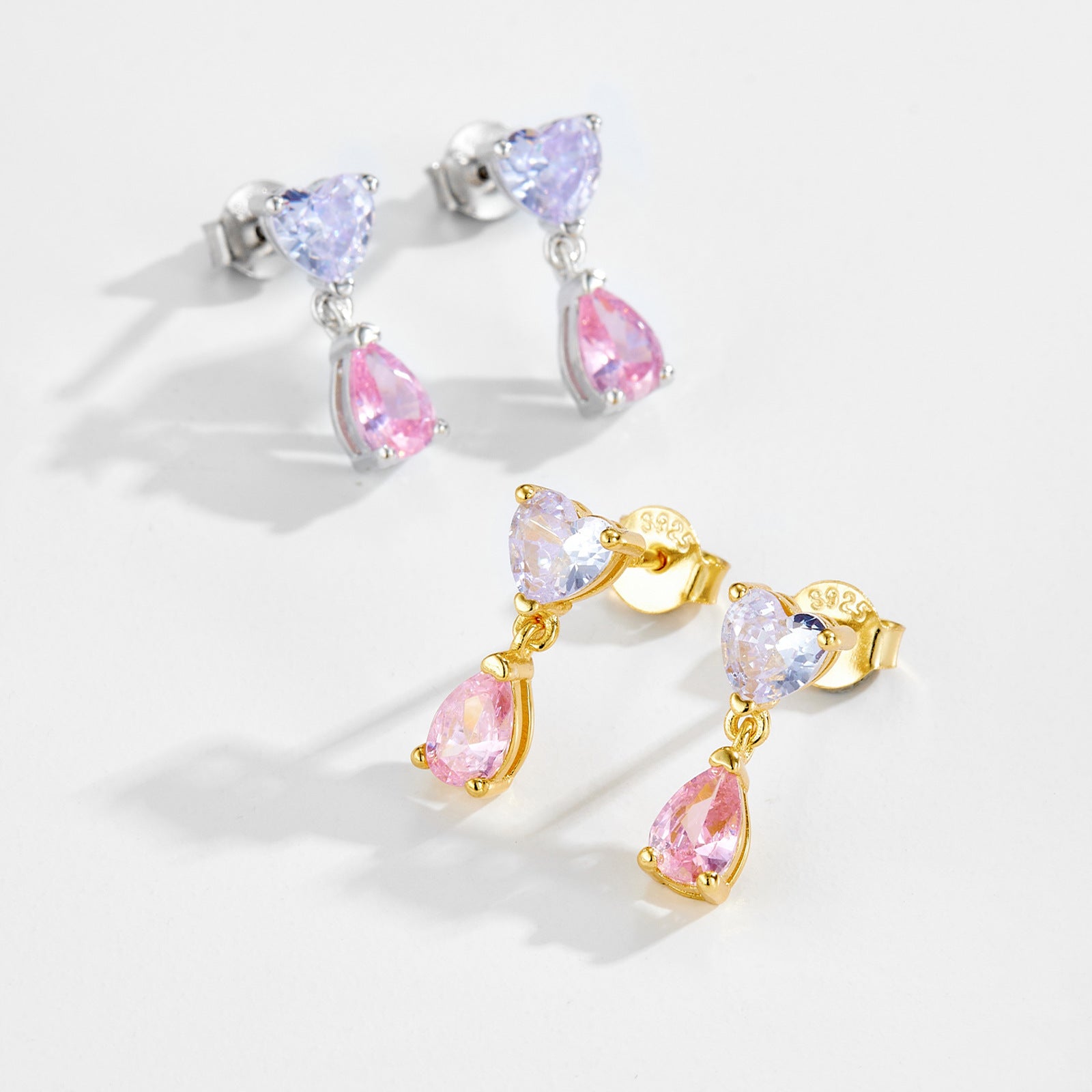 925 Sterling Silver Lavender Heart Pink Pear CZ Drop Earrings 40200765