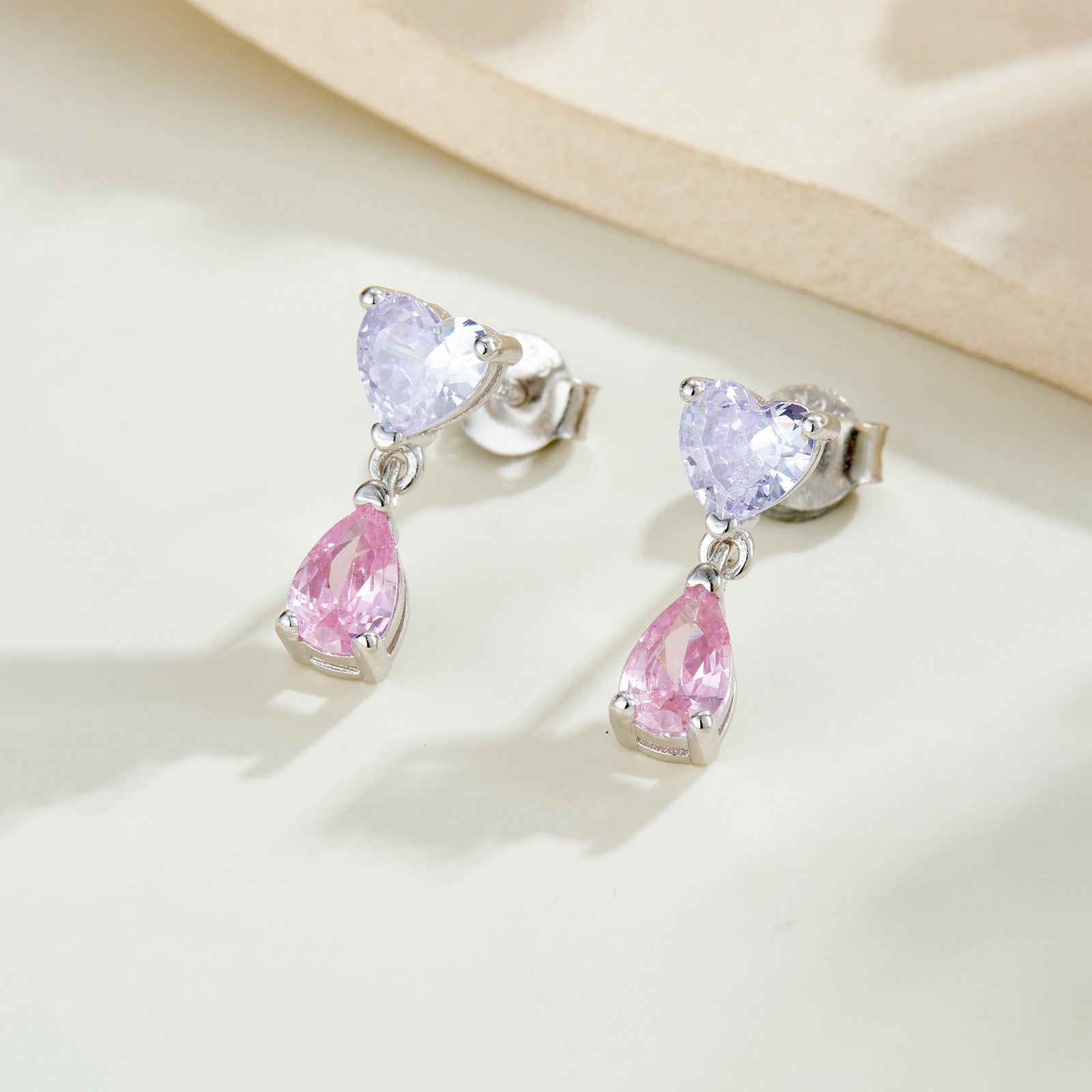 925 Sterling Silver Lavender Heart Pink Pear CZ Drop Earrings 40200765