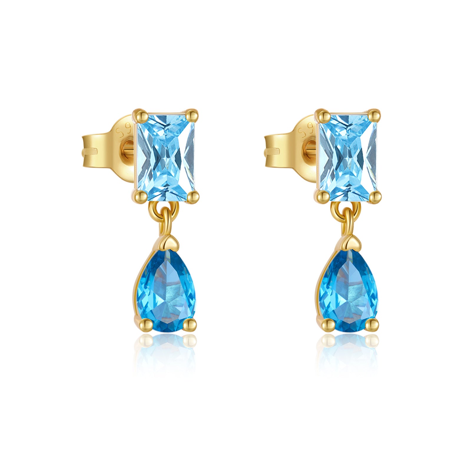 925 Sterling Silver Emerald Cut and Pear Blue CZ Drop Earrings 40200766