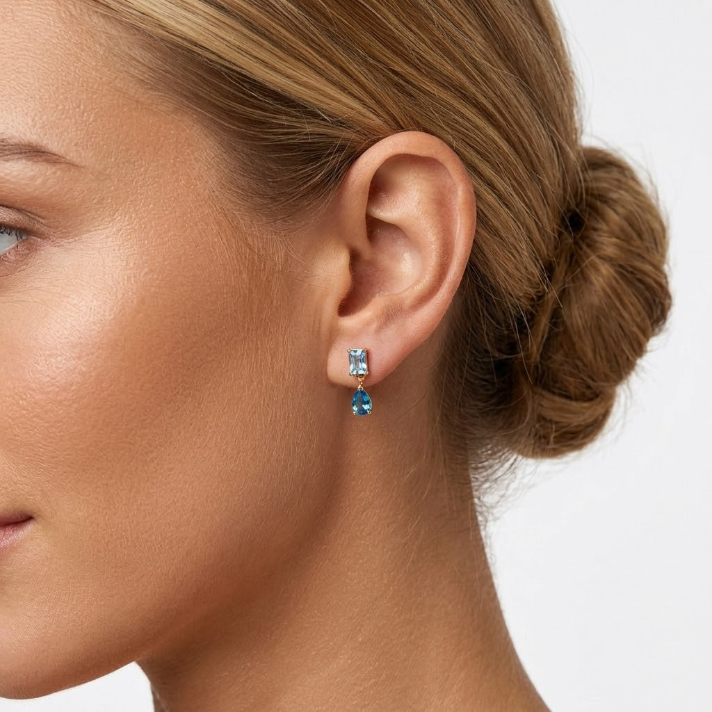 925 Sterling Silver Emerald Cut and Pear Blue CZ Drop Earrings 40200766