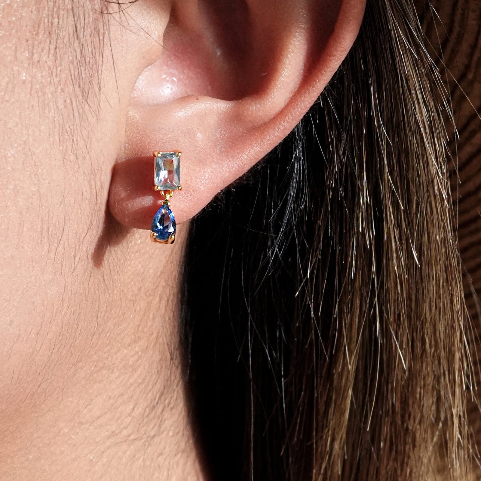 925 Sterling Silver Emerald Cut and Pear Blue CZ Drop Earrings 40200766