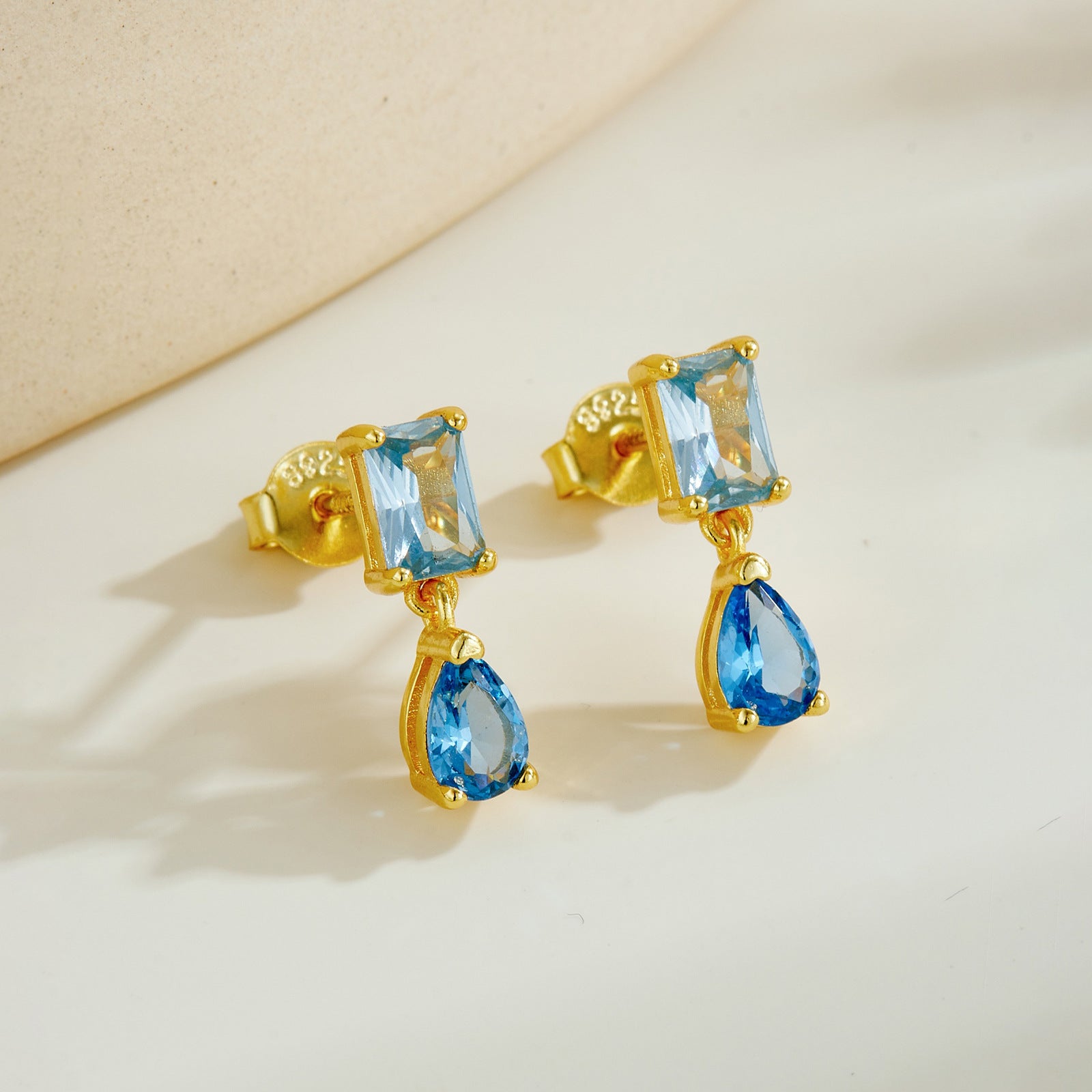 925 Sterling Silver Emerald Cut and Pear Blue CZ Drop Earrings 40200766