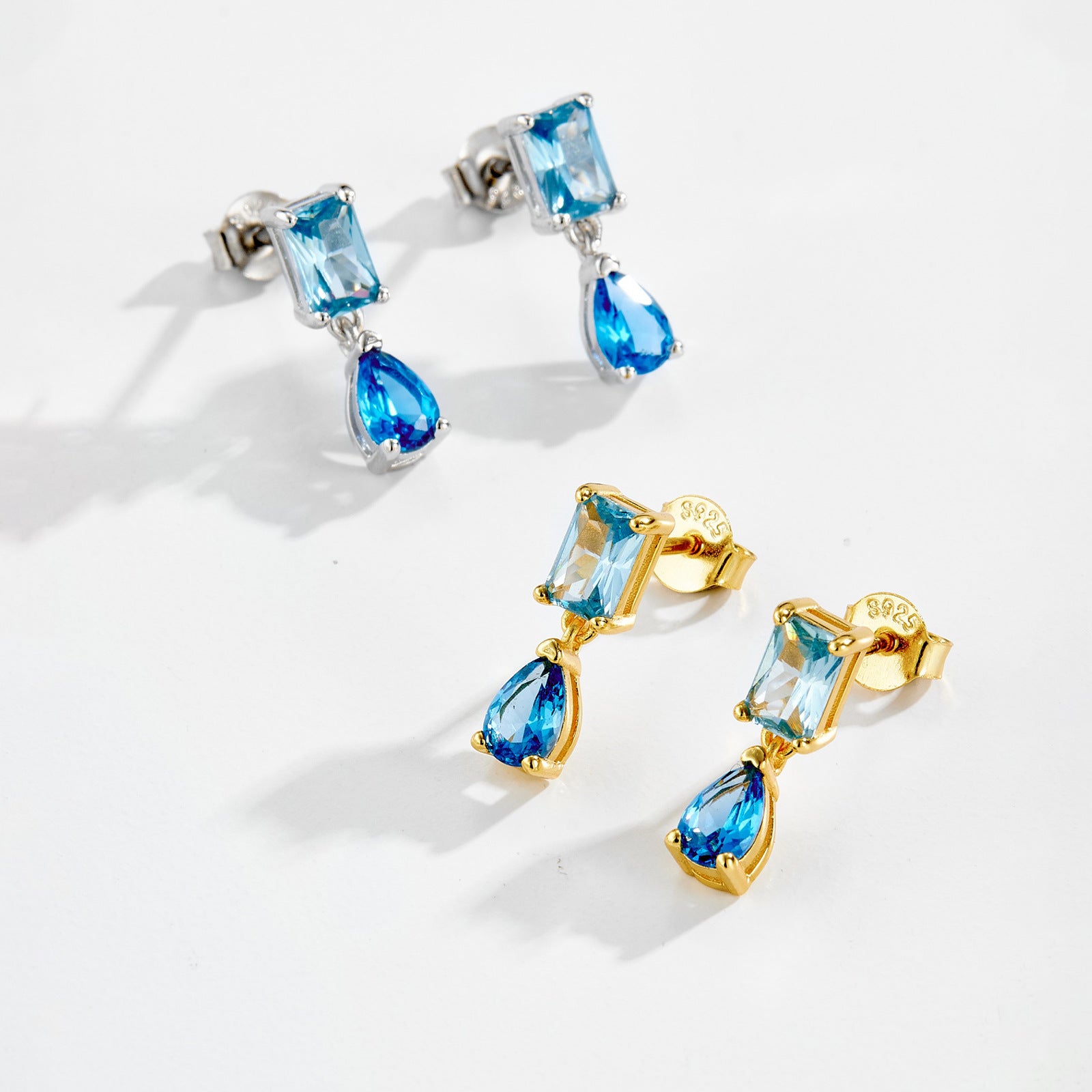 925 Sterling Silver Emerald Cut and Pear Blue CZ Drop Earrings 40200766