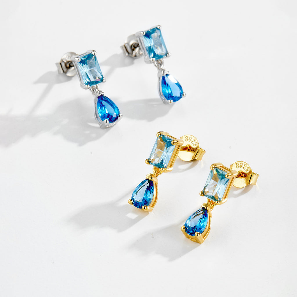 925 Sterling Silver Emerald Cut and Pear Blue CZ Drop Earrings 40200766