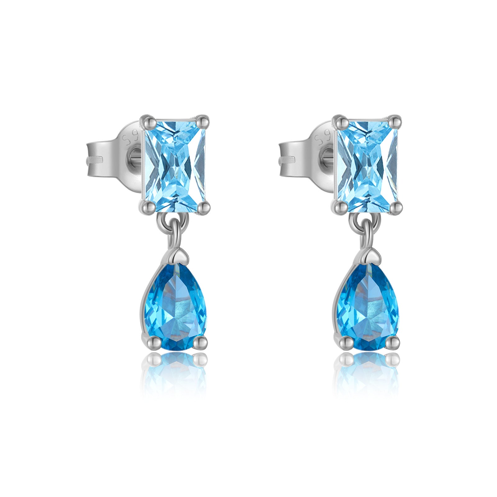 925 Sterling Silver Emerald Cut and Pear Blue CZ Drop Earrings 40200766