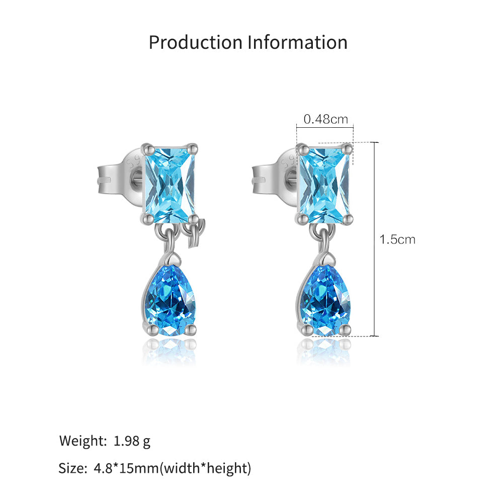 925 Sterling Silver Emerald Cut and Pear Blue CZ Drop Earrings 40200766