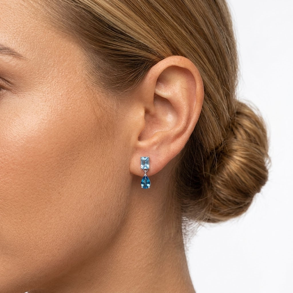 925 Sterling Silver Emerald Cut and Pear Blue CZ Drop Earrings 40200766