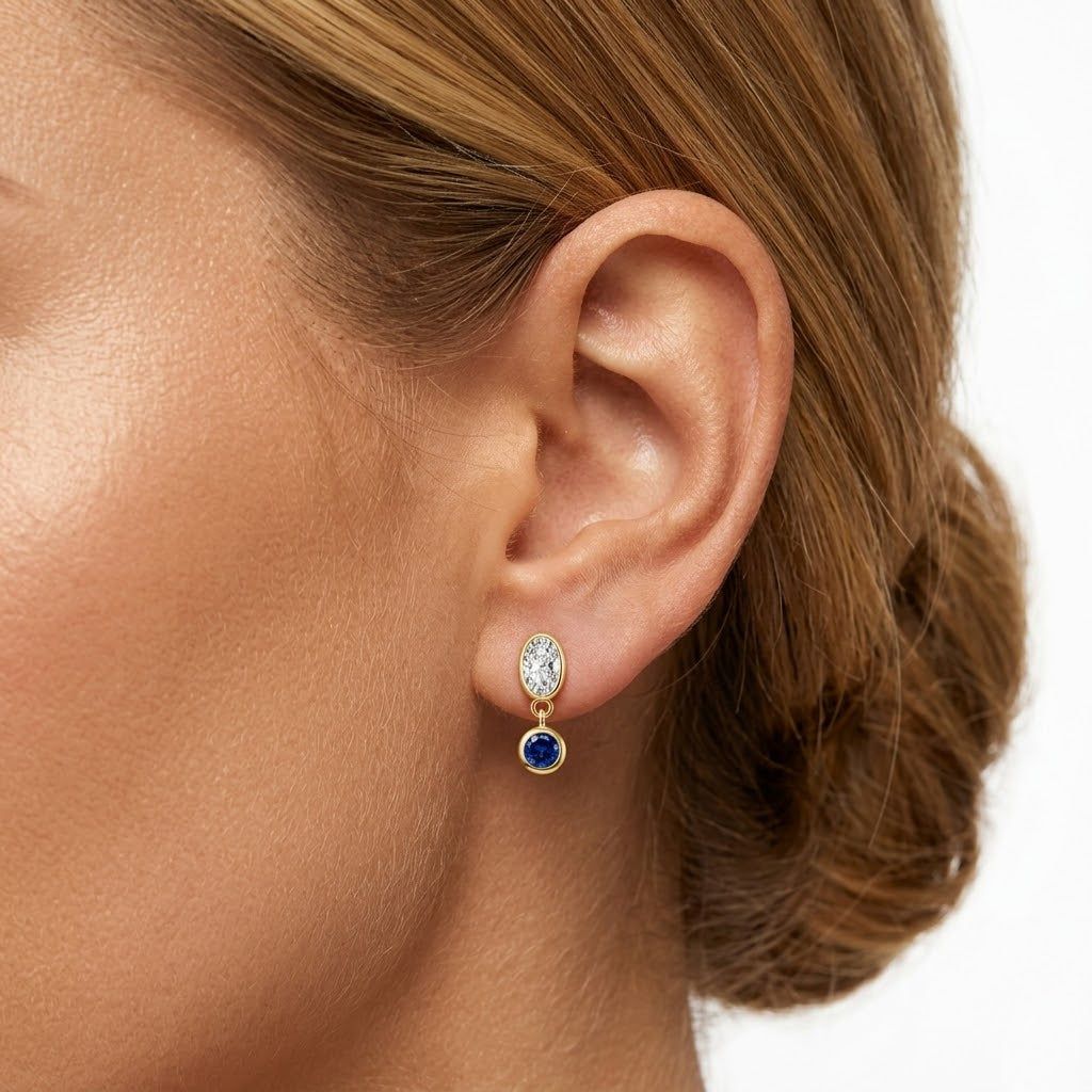 925 Sterling Silver Oval and Blue Round CZ Bezel Drop Earrings 40200770