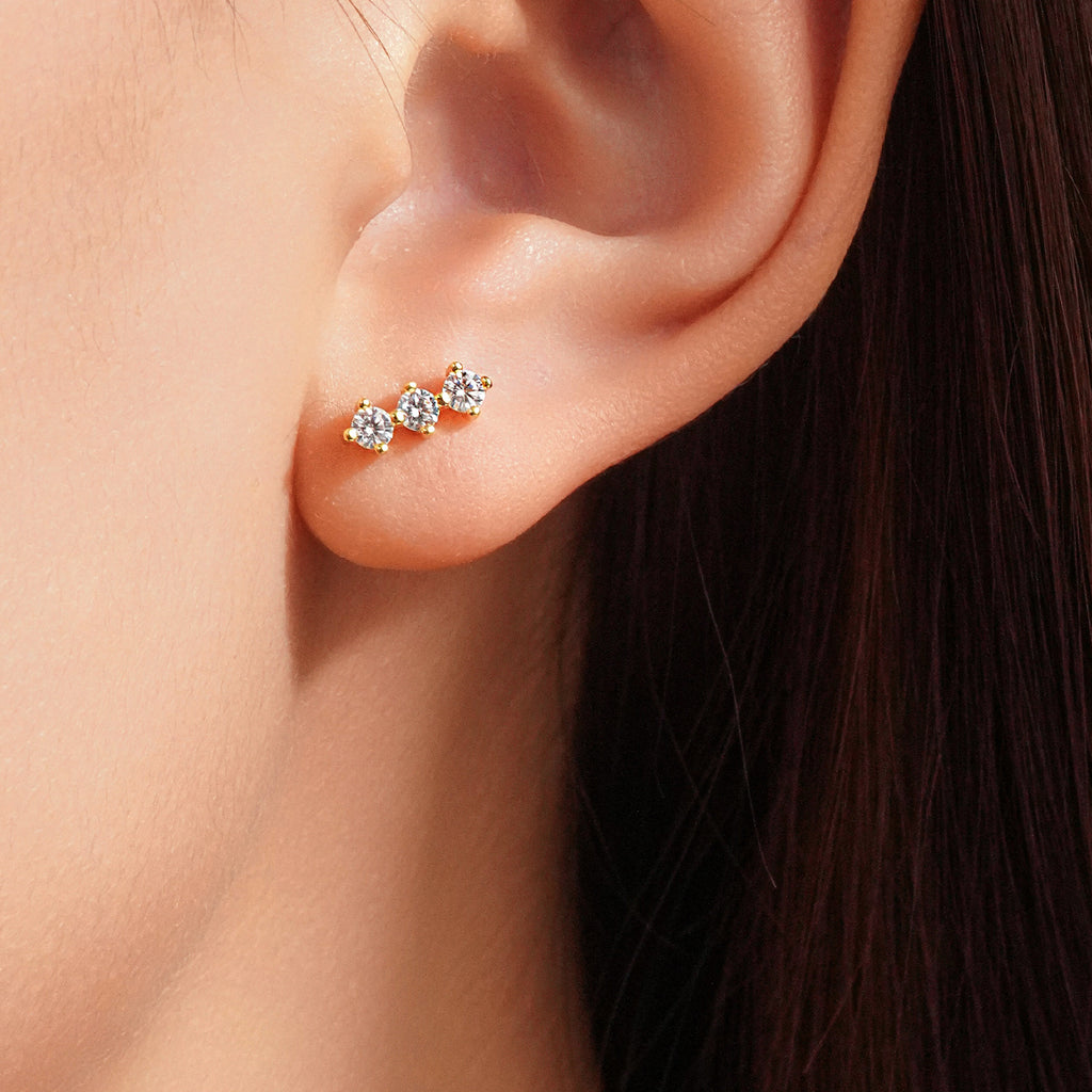925 Sterling Silver Triple Round CZ Curved Crawler Stud Earrings 40200771
