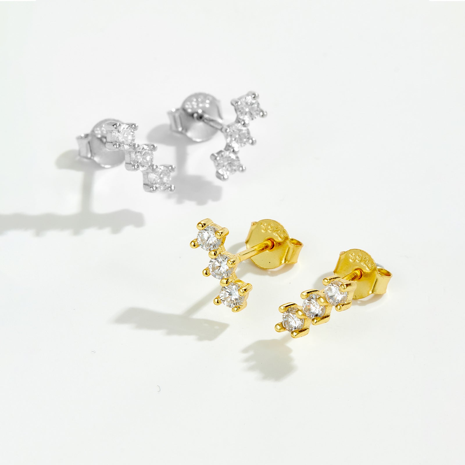 925 Sterling Silver Triple Round CZ Curved Crawler Stud Earrings 40200771