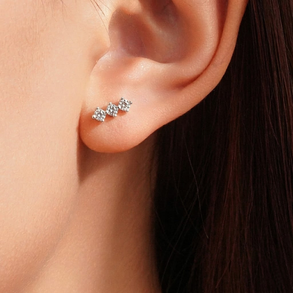 925 Sterling Silver Triple Round CZ Curved Crawler Stud Earrings 40200771