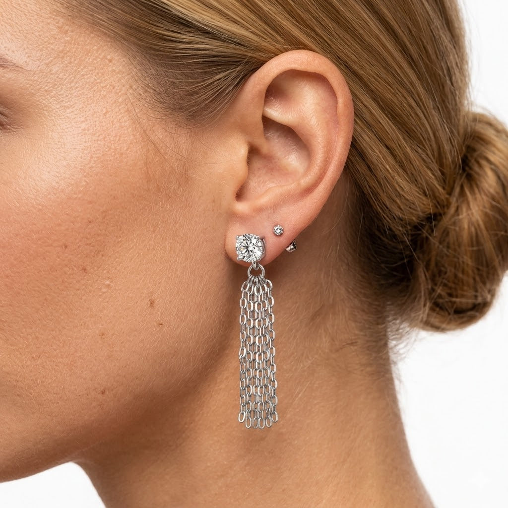 925 Sterling Silver Round CZ Chain Fringe Drop Earrings 40200778